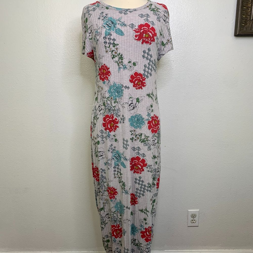 LulaRoe‎ Maria Floral Ribbed Gray Red Blue Maxi Dress Size S